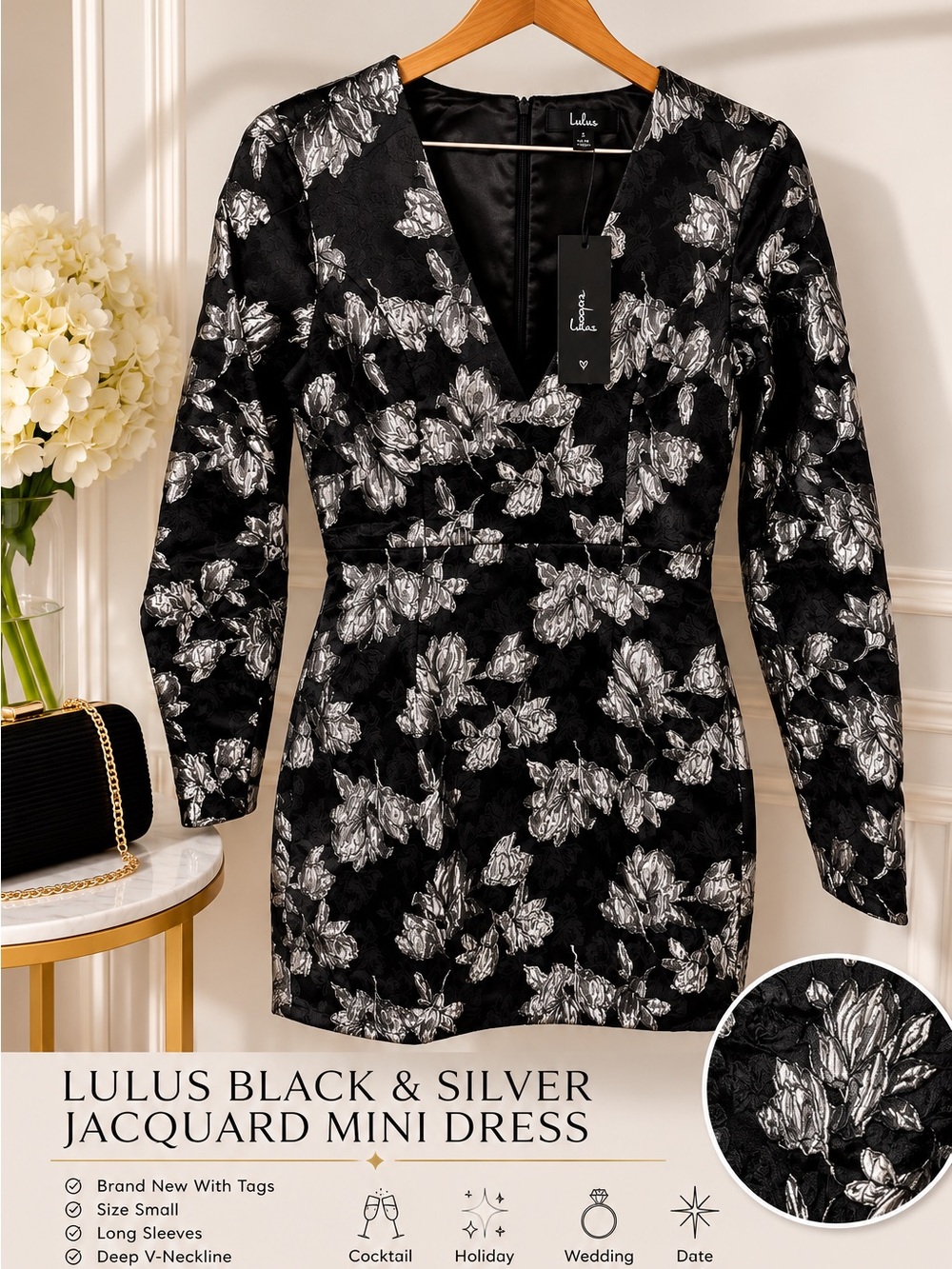 Black/Silver Lulus Jacquard Mini Dress (NWT) Size Small Cocktail Holiday Wedding